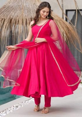 Pink Silk Solid Salwar Kameez With Dupptta