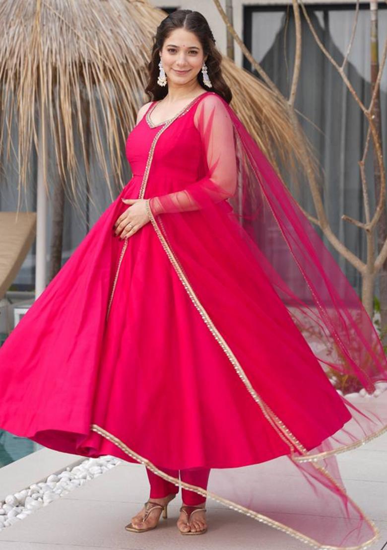 Pink Silk Solid Salwar Kameez With Dupptta