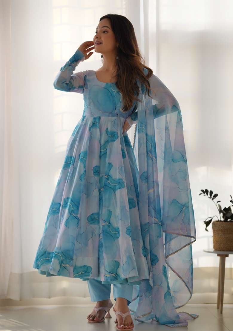 Sky Blue Floral Print Silk Blend Anarkali Set - Indya
