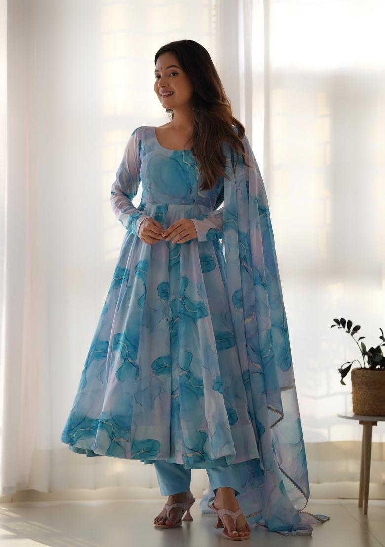 Sky Blue Silk Printed Salwar Kameez With Dupptta