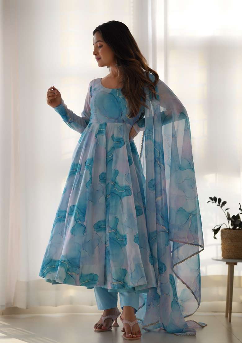 Sky Blue Floral Print Silk Blend Anarkali Set - Indya