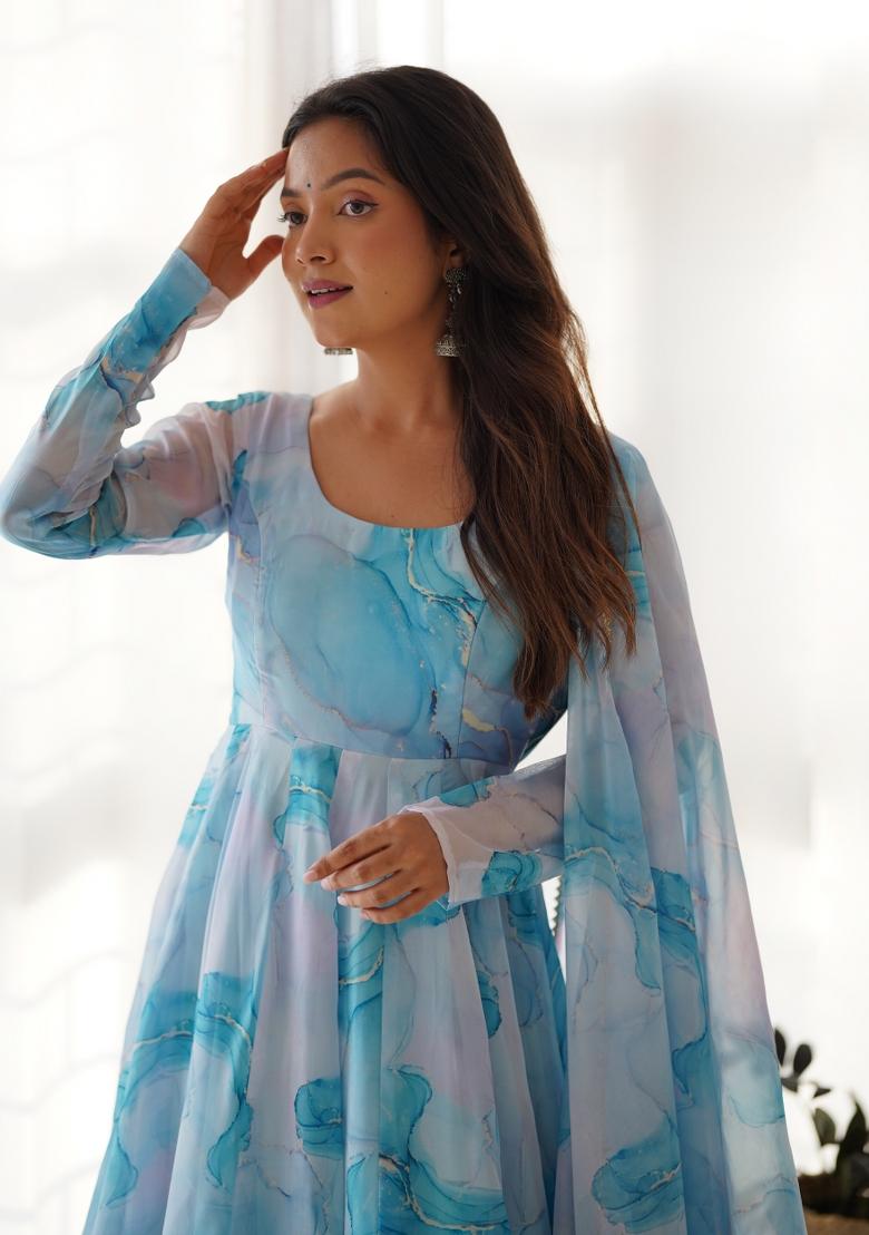 Sky Blue Silk Printed Salwar Kameez With Dupptta
