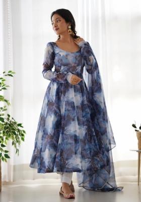 Navy Blue Silk Printed Salwar Kameez