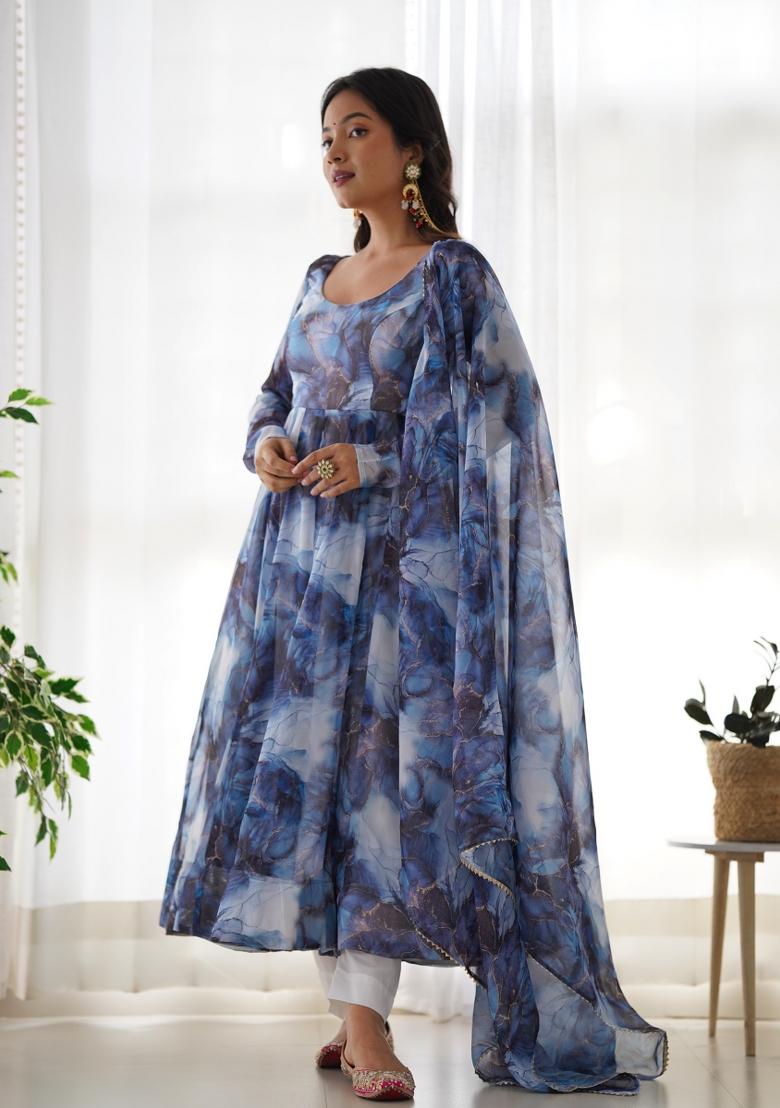 Navy Blue Silk Printed Salwar Kameez