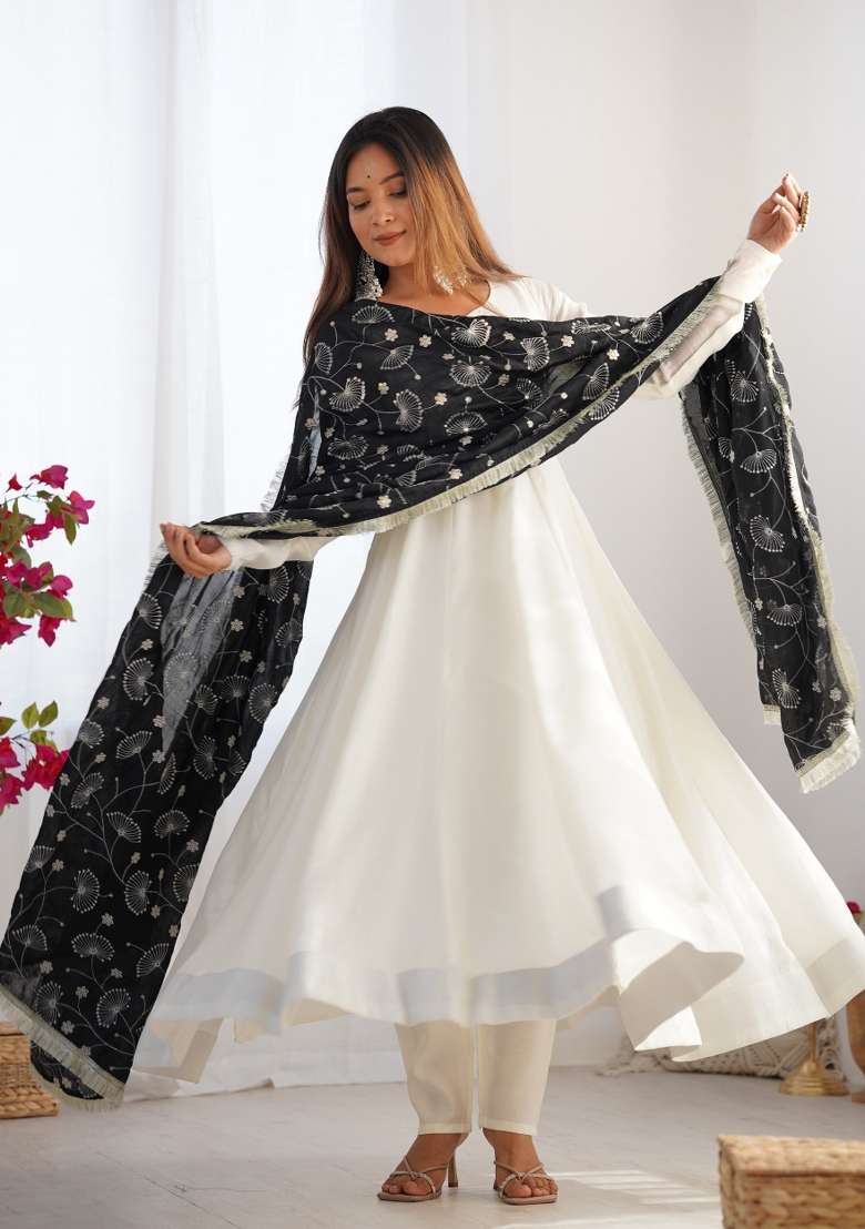 Black Solid Silk Blend Anarkali Set - Indya