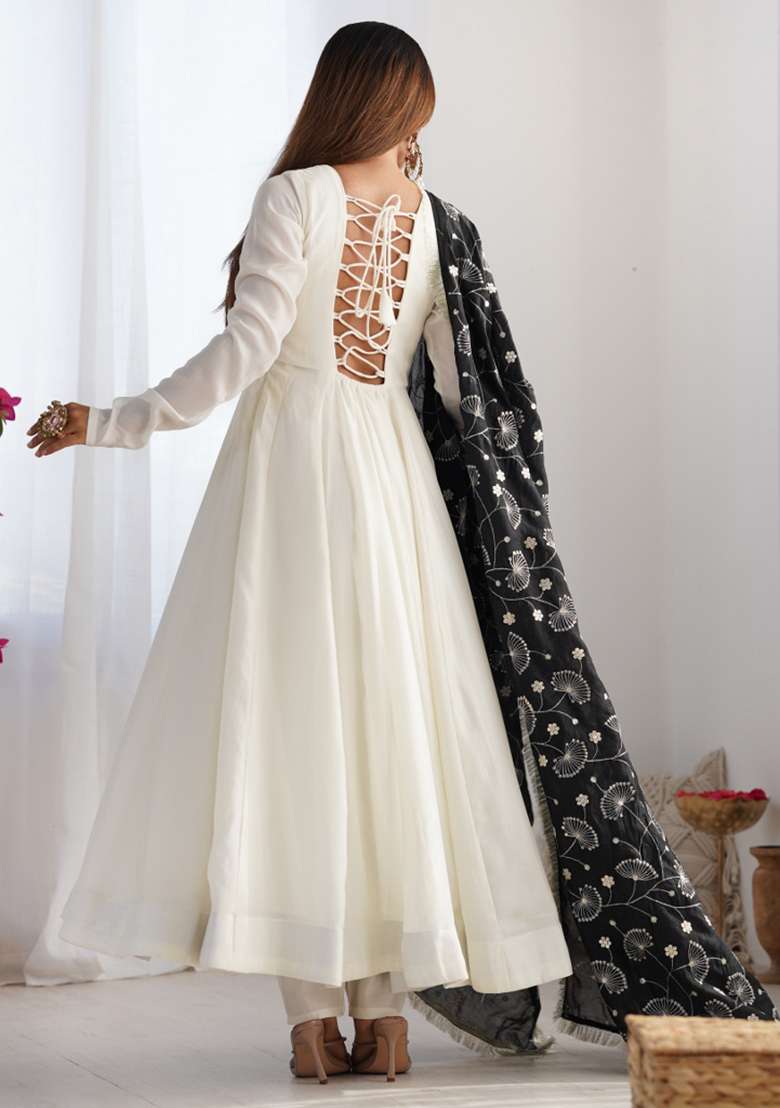 Black Solid Silk Blend Anarkali Set - Indya