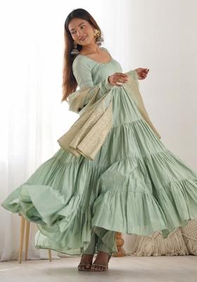 Pista Silk Embroidered Salwar Kameez With Dupptta