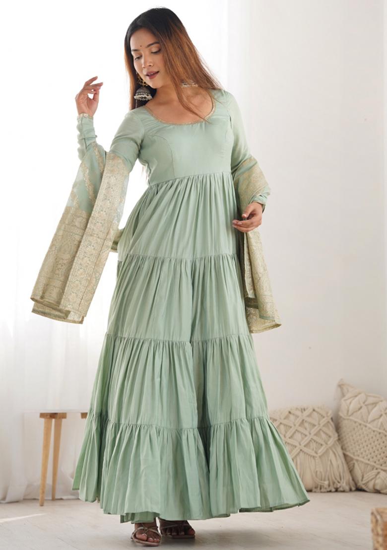 Pista Silk Embroidered Salwar Kameez With Dupptta