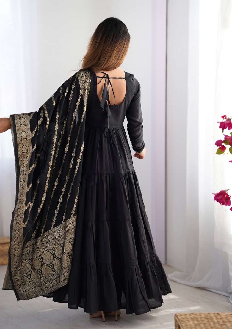 Black Solid Silk Blend Anarkali Set - Indya