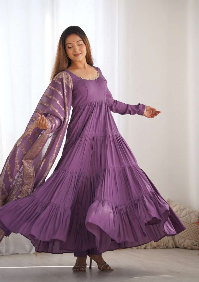 Lavender Solid Silk Blend Anarkali Set - Indya