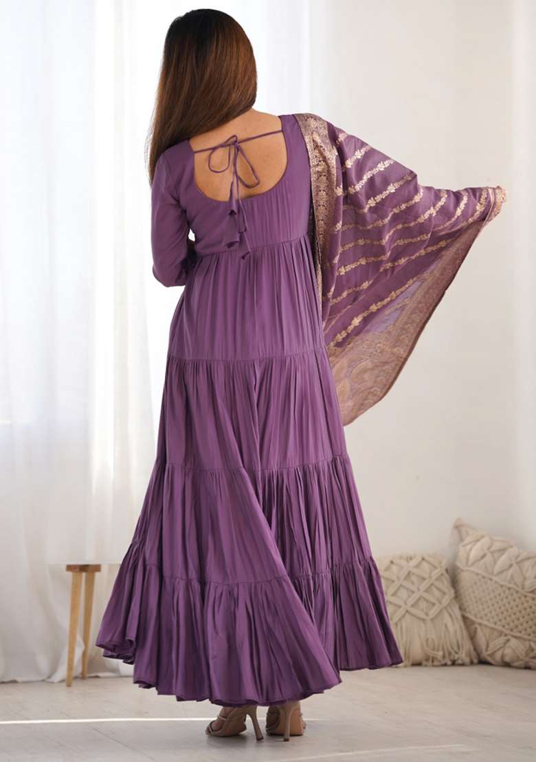 Lavender Solid Silk Blend Anarkali Set - Indya