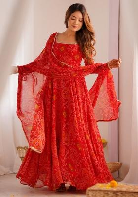 Red Cotton Printed Salwar Kameez With Dupptta