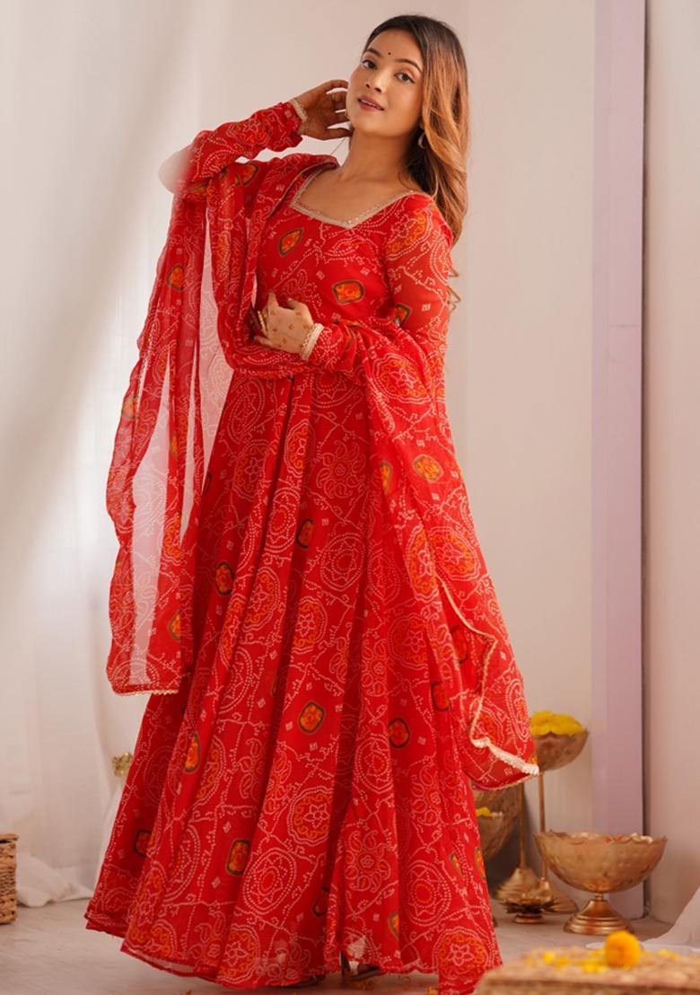 Red Cotton Printed Salwar Kameez With Dupptta