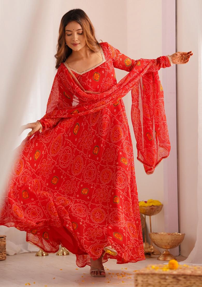 Red Cotton Printed Salwar Kameez With Dupptta