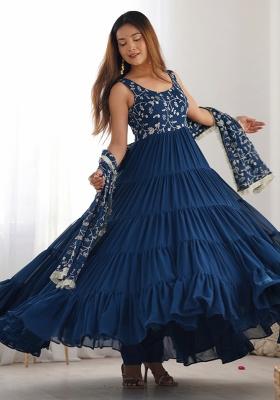 Teal Blue Georgette Sequin Embroidered Salwar Kameez With Dupptta