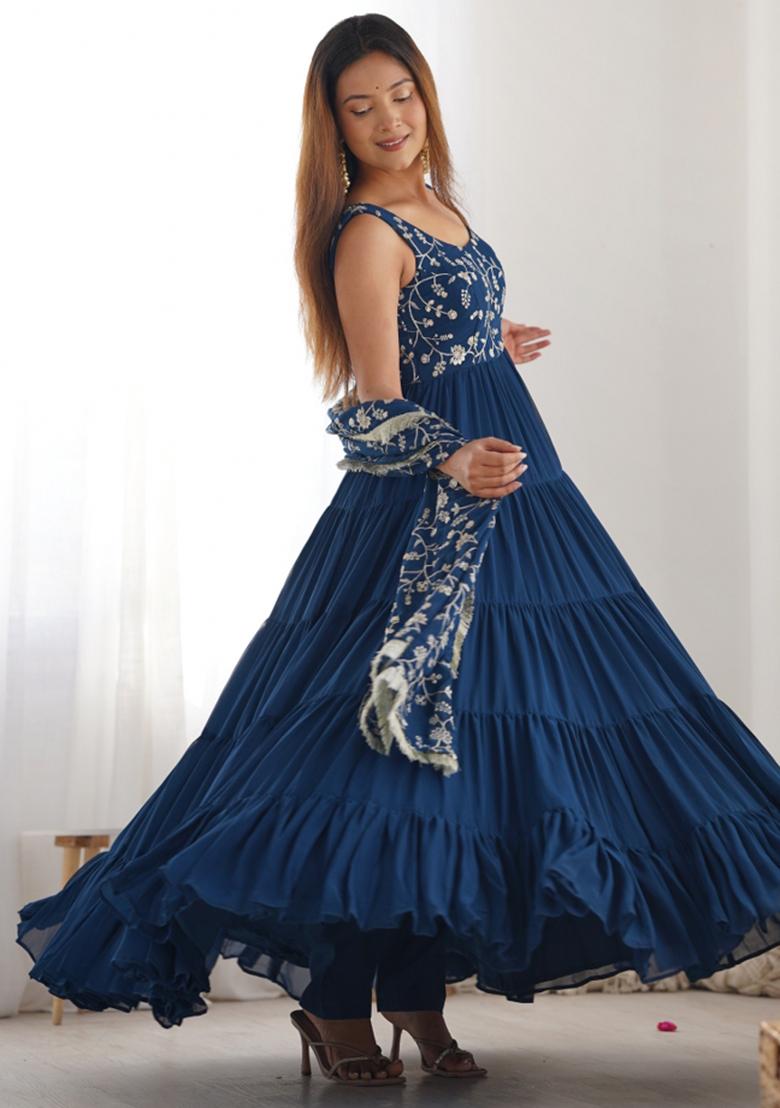 Teal Blue Georgette Sequin Embroidered Salwar Kameez With Dupptta