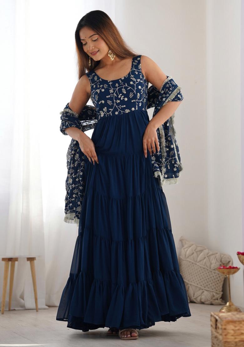 Teal Blue Georgette Sequin Embroidered Salwar Kameez With Dupptta