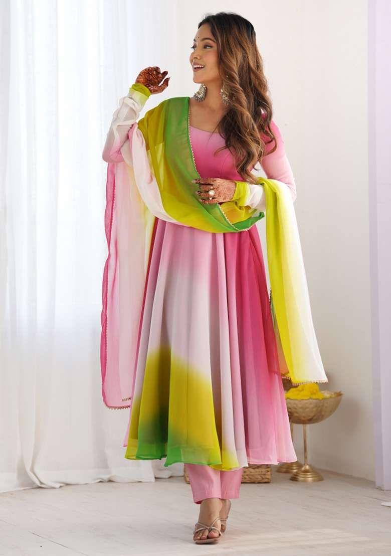 Multi Tie And Dye Georgette Anarkali Set - Indya
