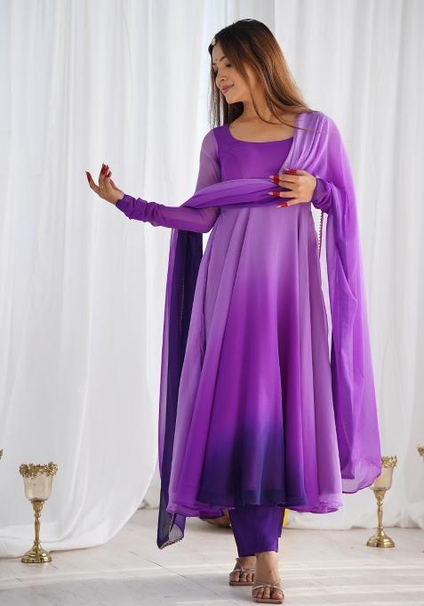 Purple Tie And Dye Georgette A Line Kurta Set