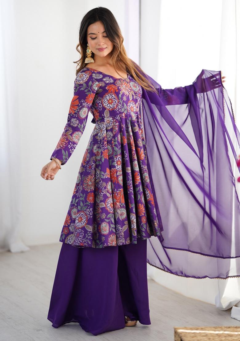 Purple Silk Printed Salwar Kameez With Dupptta