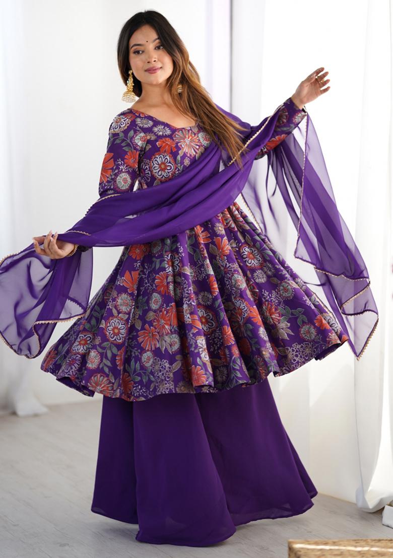 Purple Silk Printed Salwar Kameez With Dupptta