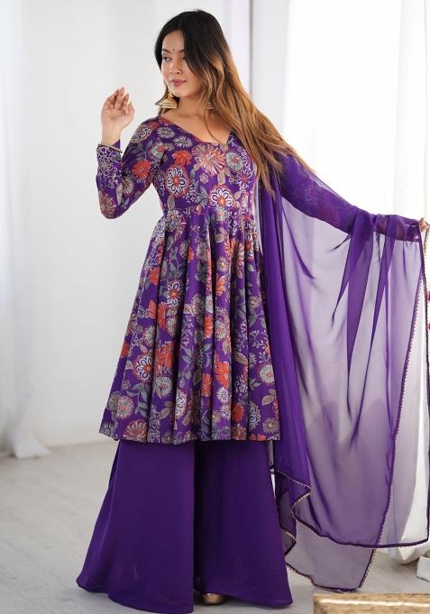 Purple Silk Printed Salwar Kameez With Dupptta