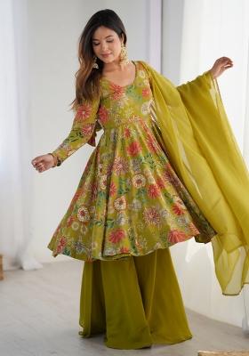 Mehndigreen Silk Printed Salwar Kameez With Dupptta