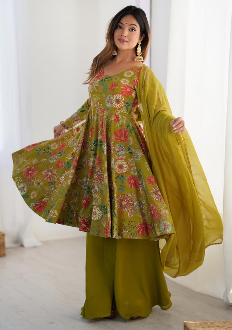Mehndigreen Silk Printed Salwar Kameez With Dupptta
