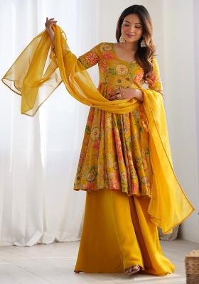 Yellow Silk Printed Salwar Kameez With Dupptta