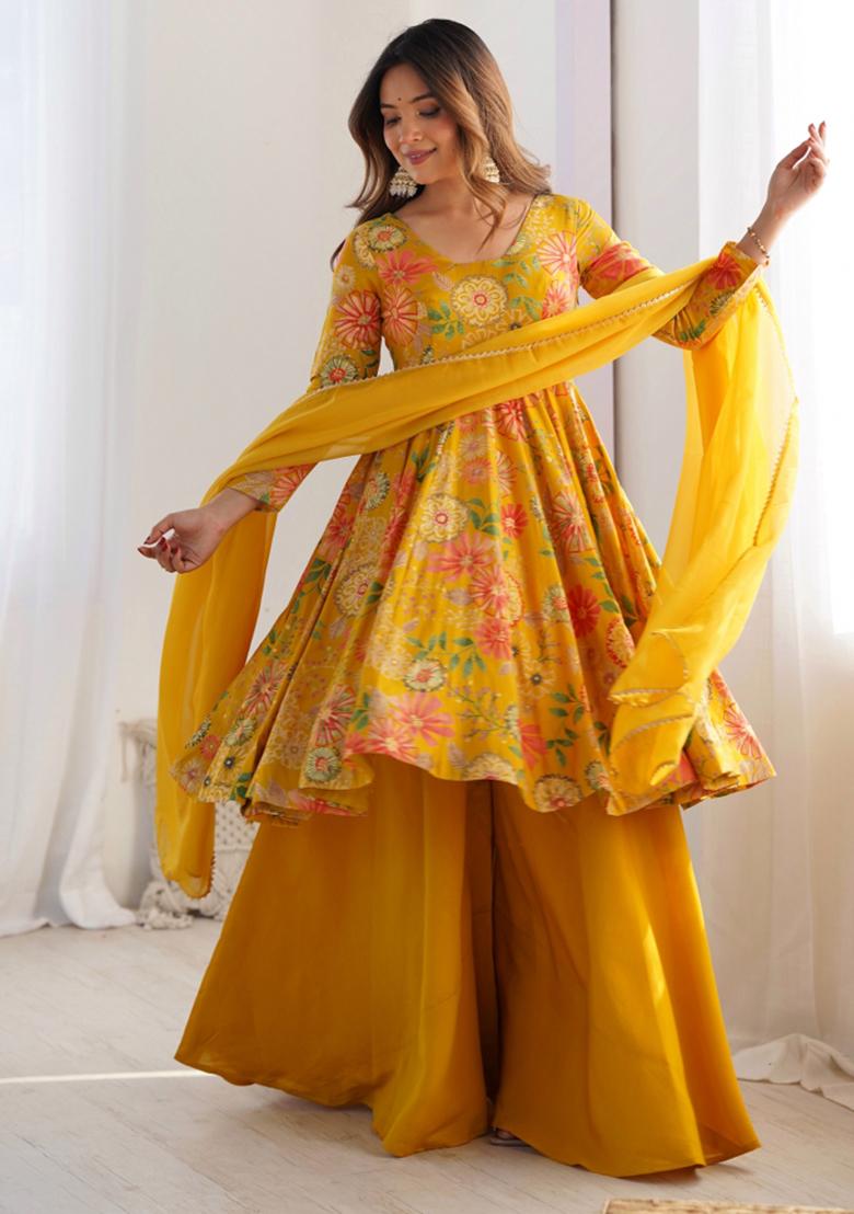 Yellow Silk Printed Salwar Kameez With Dupptta