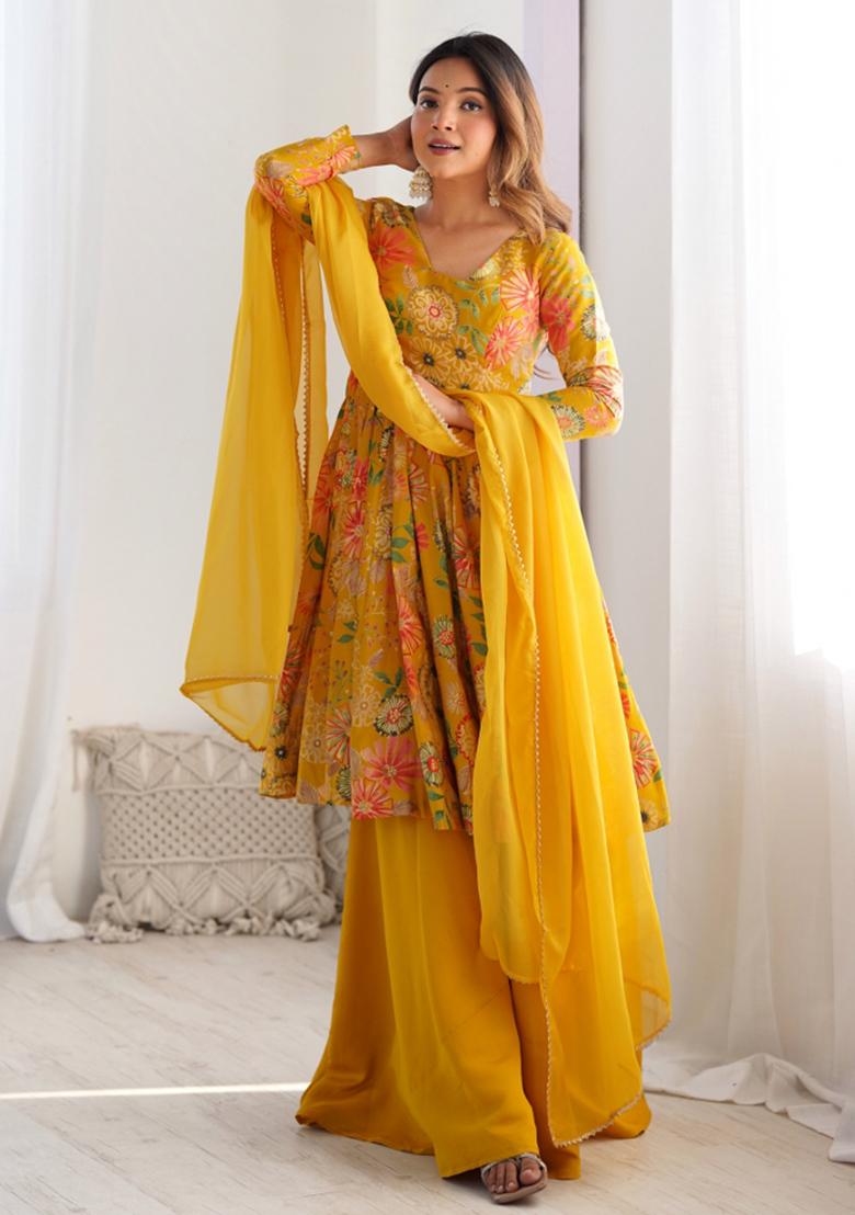 Yellow Silk Printed Salwar Kameez With Dupptta