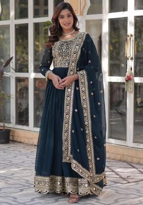 Blue Poly Blend Sequin Embroidered Anarkali Set With Dupatta
