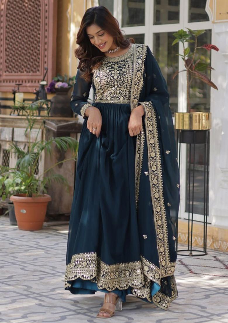 Blue Poly Blend Sequin Embroidered Anarkali Set With Dupatta