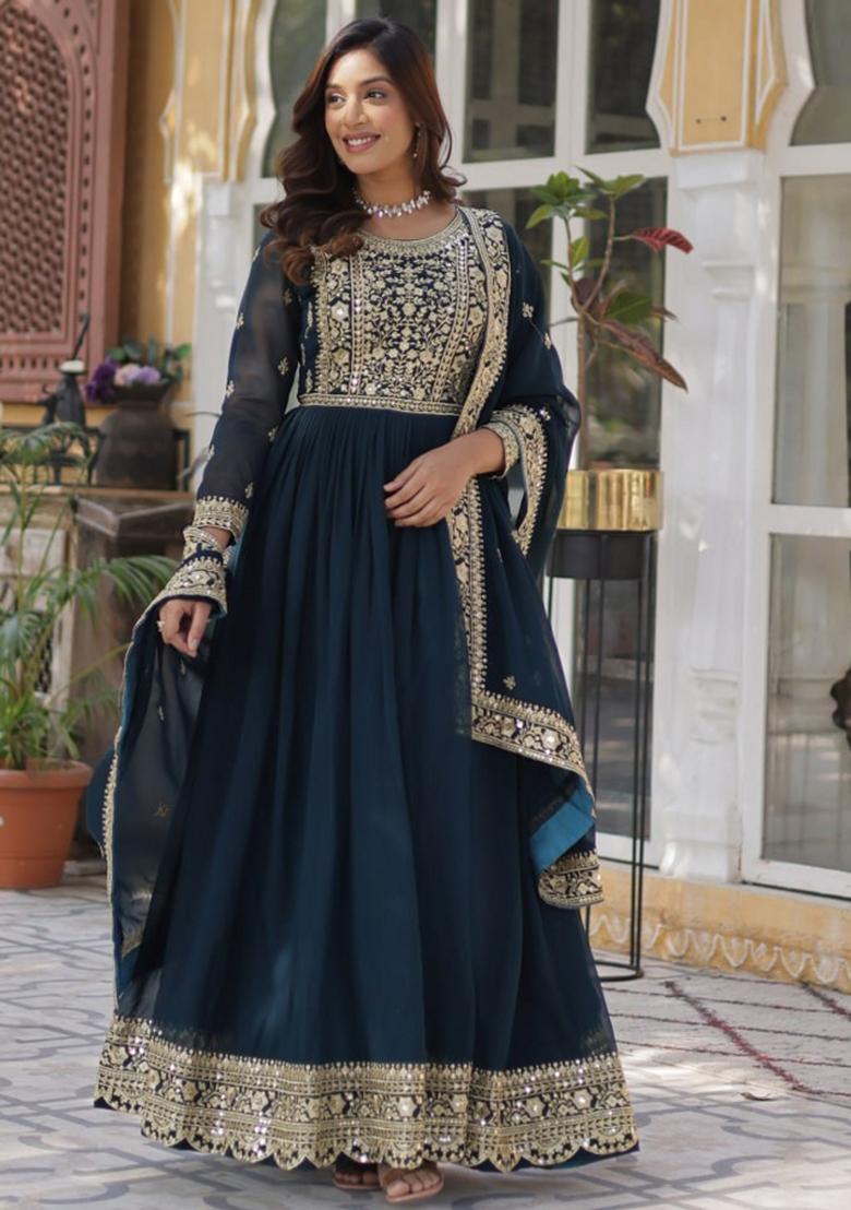 Blue Poly Blend Sequin Embroidered Anarkali Set With Dupatta