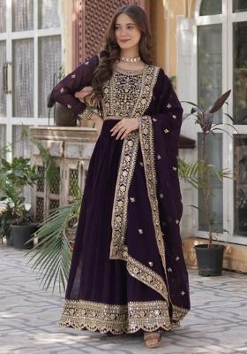 Maroon Poly Blend Sequin Embroidered Anarkali Set With Dupatta