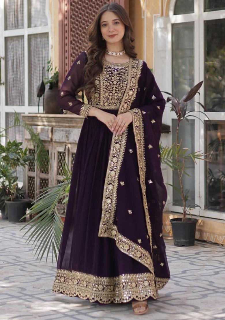 Maroon Poly Blend Sequin Embroidered Anarkali Set With Dupatta