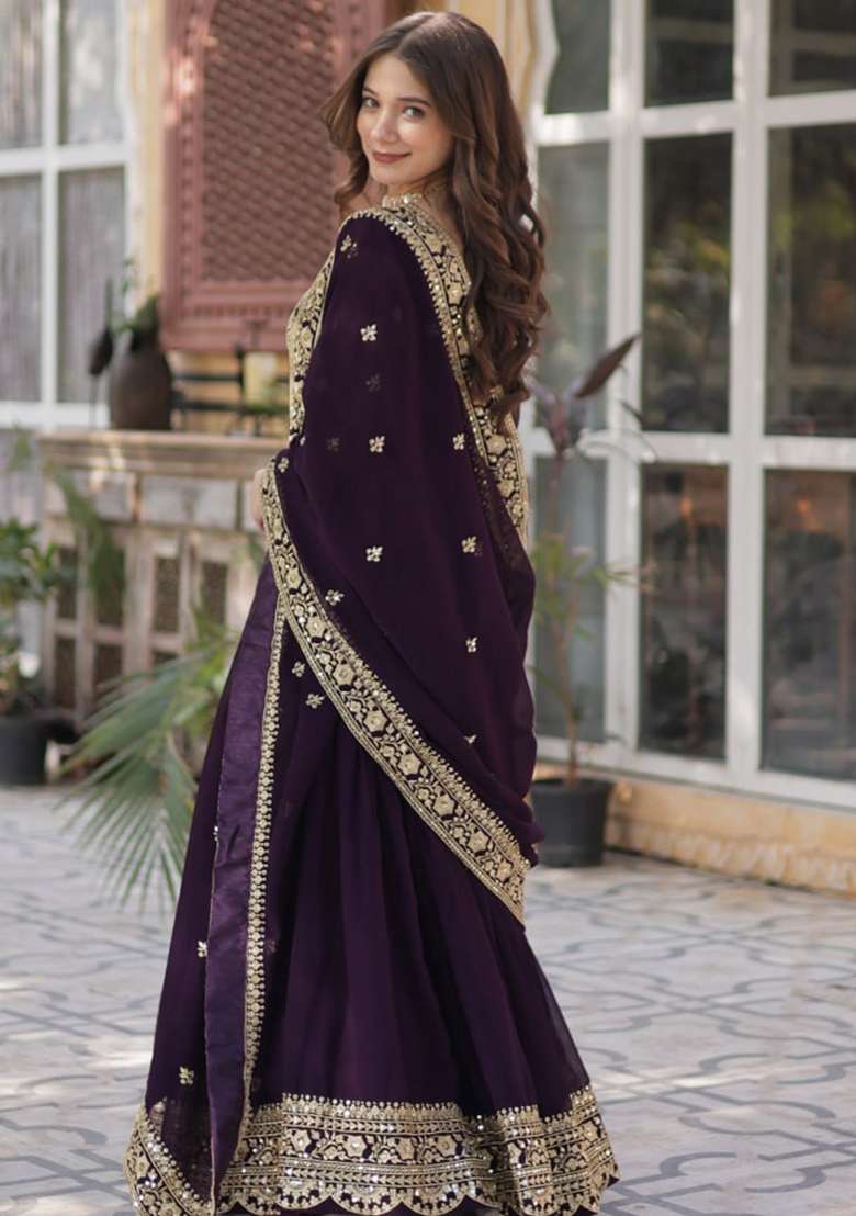 Maroon Embroidered Blended Sharara Set - Indya