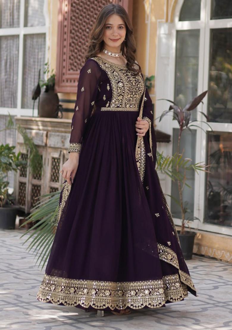Maroon Poly Blend Sequin Embroidered Anarkali Set With Dupatta