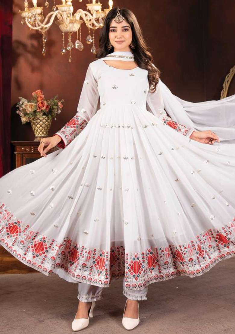 White Embroidered Blended Anarkali With Dupatta - Indya