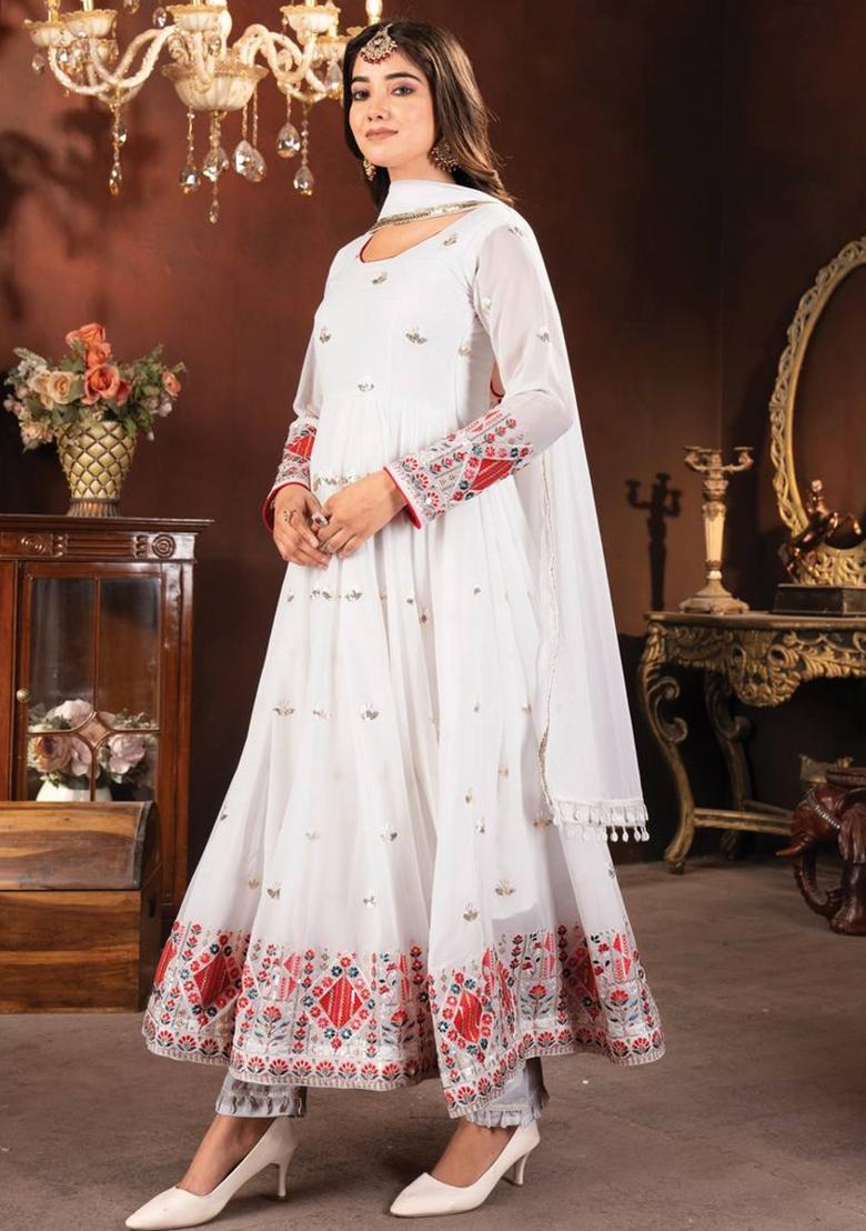 White Poly Blend Sequin Embroidered Anarkali Set With Dupatta