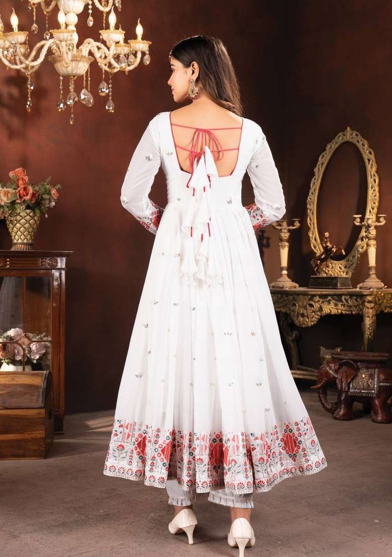 White Embroidered Blended Anarkali With Dupatta - Indya