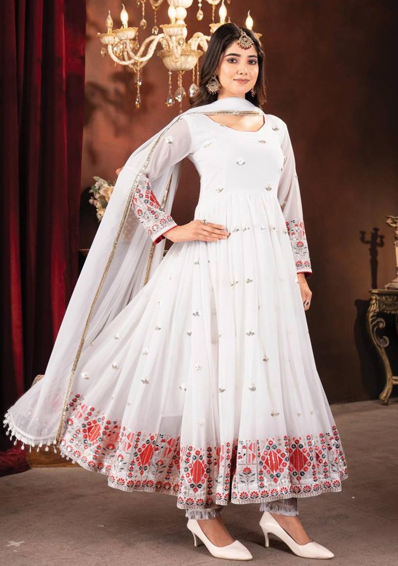 White Poly Blend Sequin Embroidered Anarkali Set With Dupatta