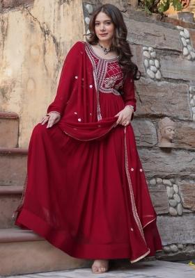 Maroon Poly Blend Sequin Embroidered Anarkali Set With Dupatta