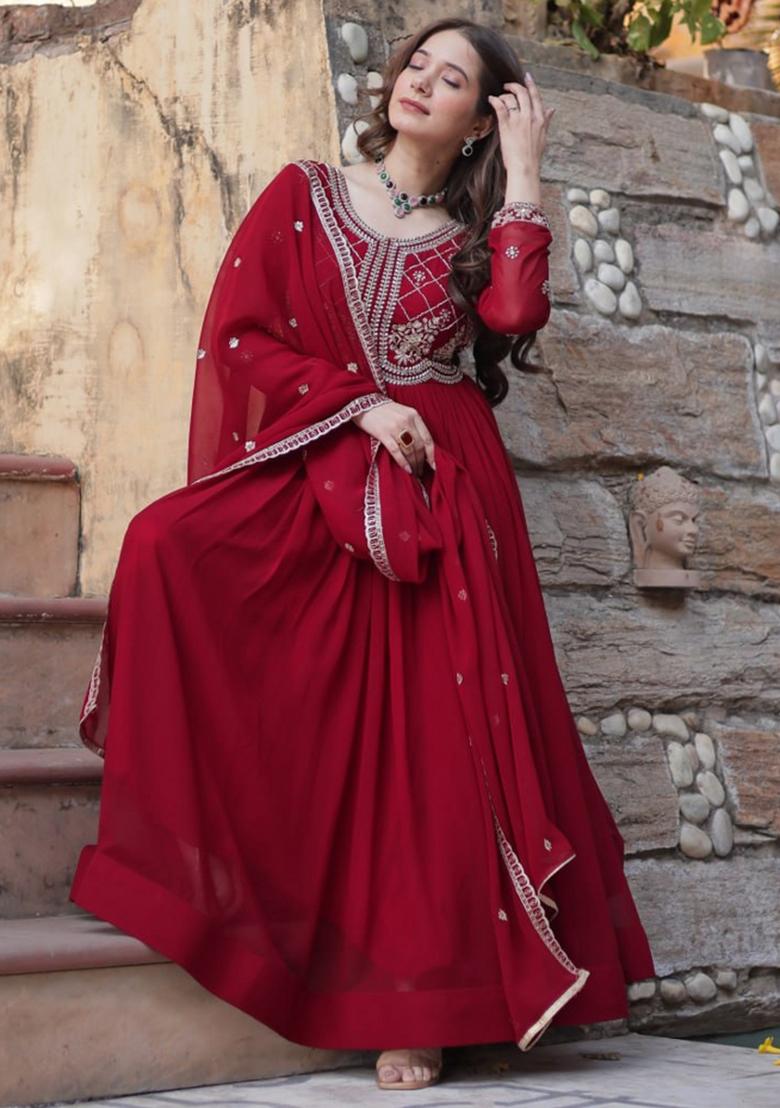 Maroon Poly Blend Sequin Embroidered Anarkali Set With Dupatta