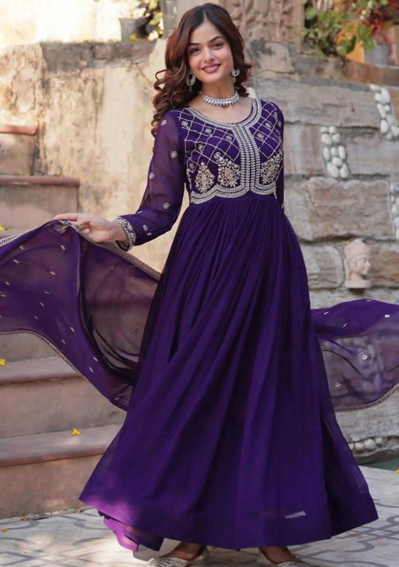 Purple Poly Blend Sequin Embroidered Salwar Kameez With Dupptta