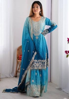 Blue Silk Sequin Embroidered Salwar Kameez With Dupptta