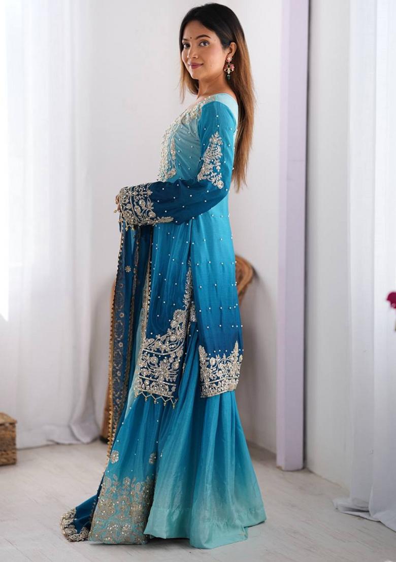 Blue Silk Sequin Embroidered Salwar Kameez With Dupptta