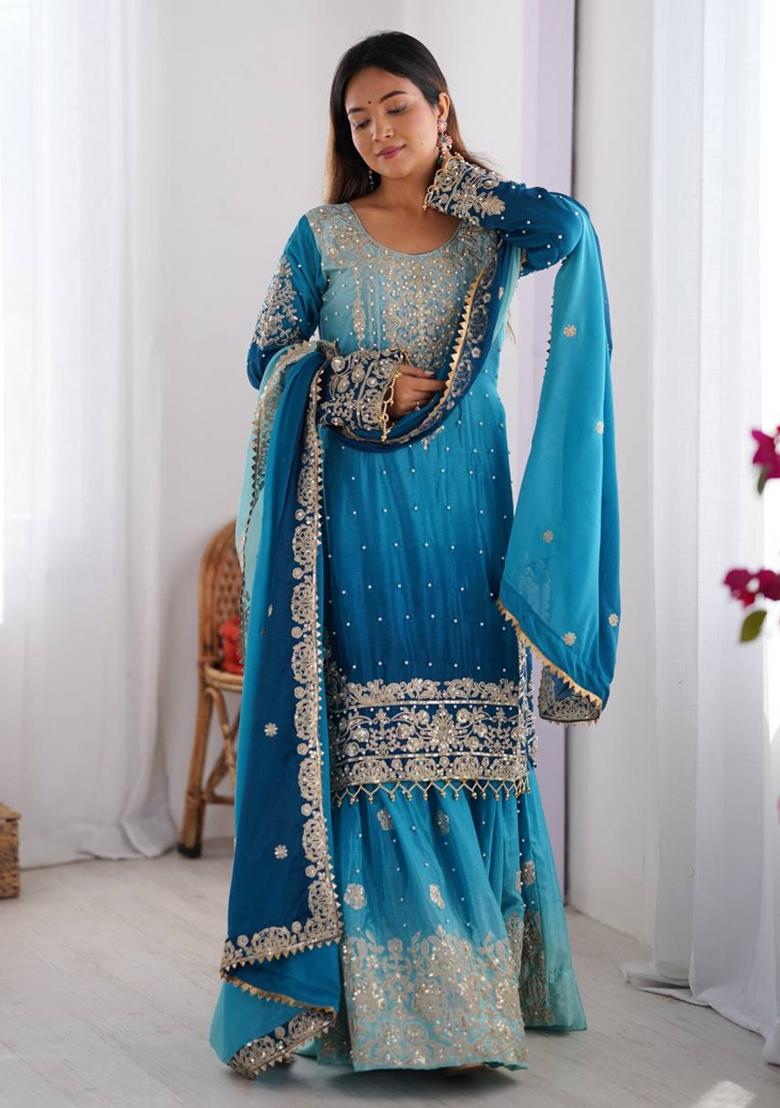 Blue Silk Sequin Embroidered Salwar Kameez With Dupptta