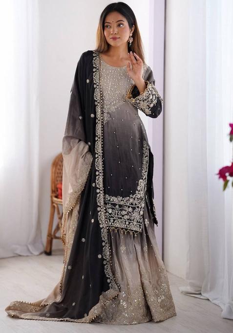 Dustyblack Silk Sequin Embroidered Salwar Kameez With Dupptta