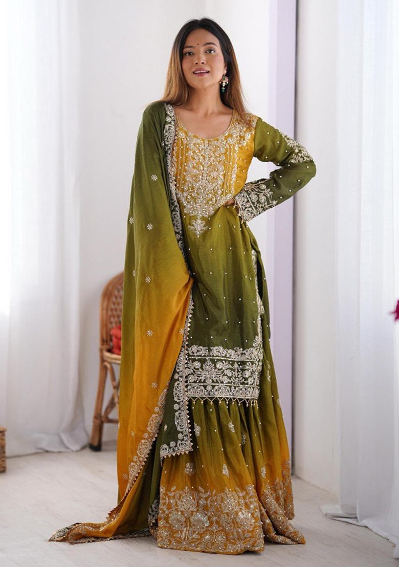 Mehendi Silk Sequin Embroidered Salwar Kameez With Dupptta